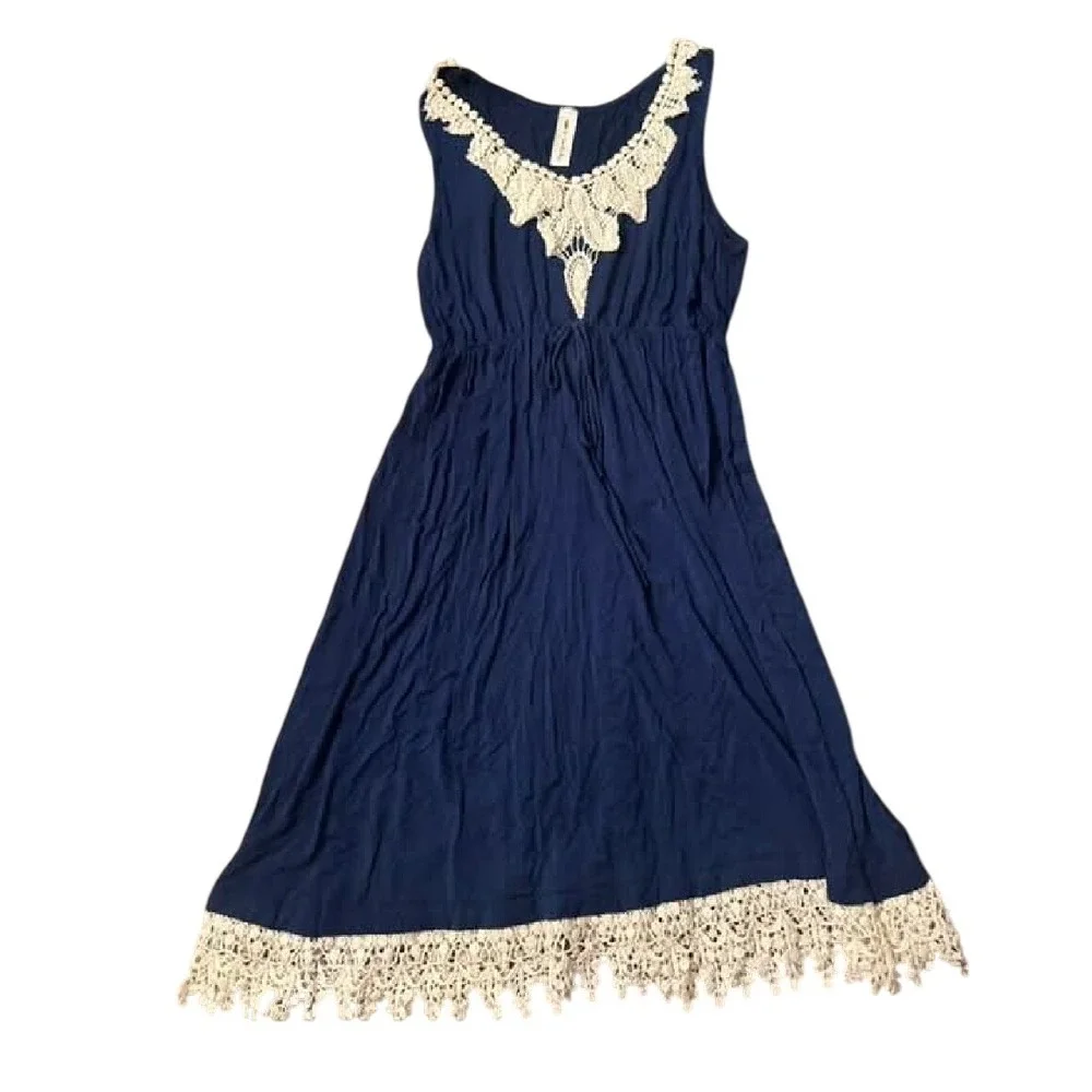 Vanilla Bay Navy Blue Sleeveless Midi Dress with Crochet Lace Trim SZ Med - Picture 2 of 2